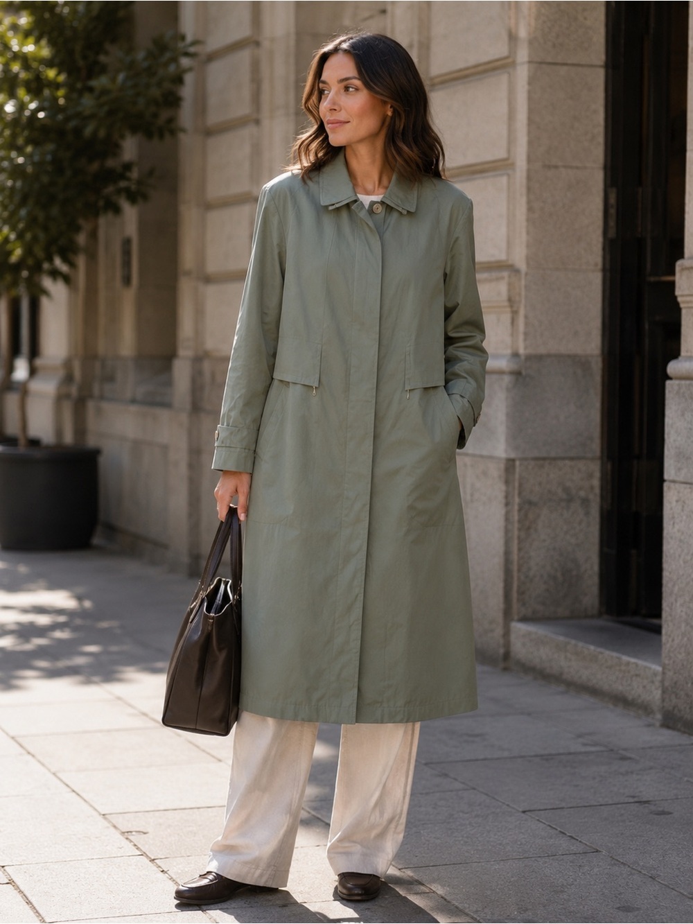 Fen-nelli Sage Green 90s Minimalist Trench Coat Size 11/12 M/L Office Workwear